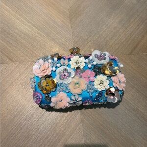Floral Embellished Blue Clutch